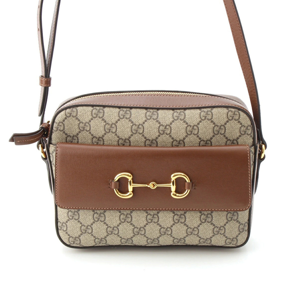 Gucci GG Supreme Horsebit x Leather Shoulder Bag Brown Beige Cream